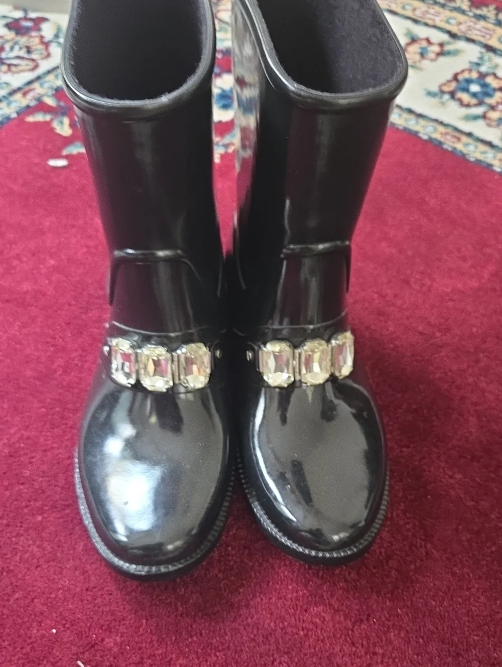 Michael Kors Black Patent Rain Boots with Clear Gem Accents